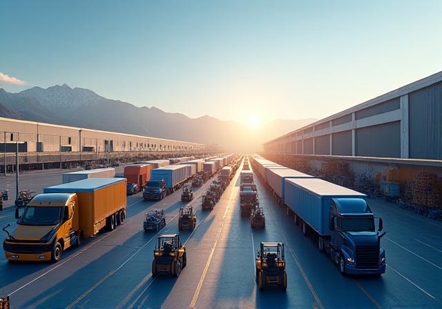 Supply chain logistics hub with trucks and warehouse operations